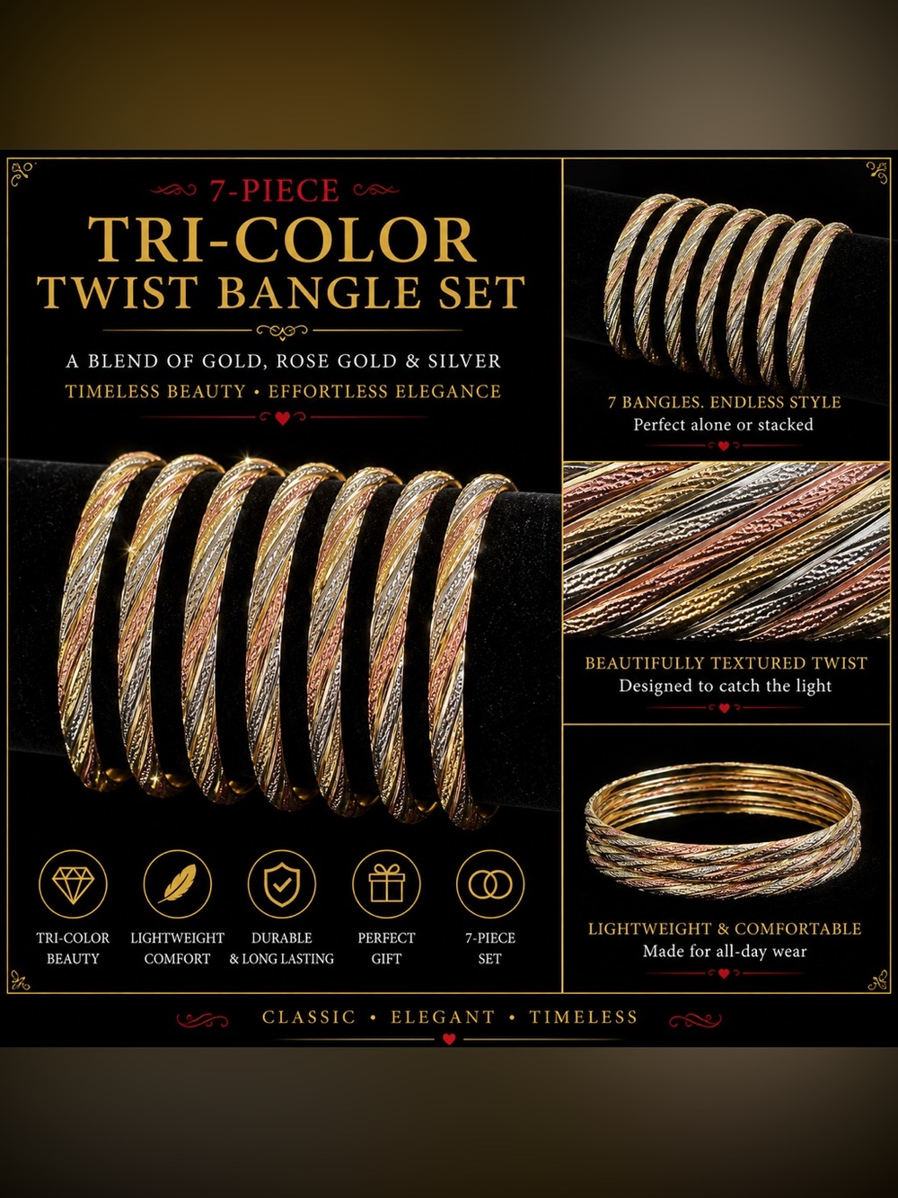 Laminated Gold 7-Piece Tri-Color Twist Bangle Set | Size 4 Petite Bracelet Set